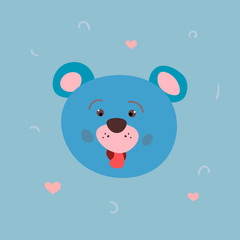 The head of a cheerful blue bear. Wild forest animals. Children's design. Hand-drawn  illustration.
