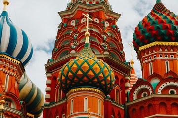Fototapeta na wymiar Close-up of the domes of Saint Basil in Moscow. Saint Basil on the Red Square landmarks concept. 
