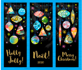 Holly Jolly, Merry Christmas, Noel lettering collection. Christmas tree branch colorful decoration, snowflakes stars banners design pattern, packaging, cover, greeting cards set.