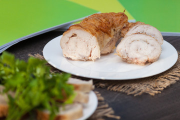 Protein breakfast with chiken roll, bread, egg before school, work, university on the wooden background with books.