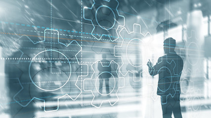 Naklejka premium Business technology internet concept double exposure gears abstract background