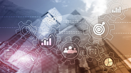 Business process automation concept. Gears and icons on abstract background.