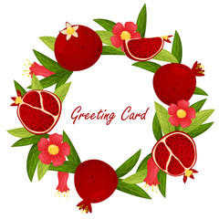 Greeting card with a wreath of twigs, flowers and pomegranate fruits. Vector illustration.