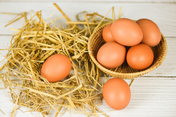 Fresh egg on basket and straw with wooden table background top view - Raw chicken eggs collect from the farm products natural eggs