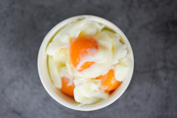 boiled egg on bowl on dark table background - Soft boiled eggs