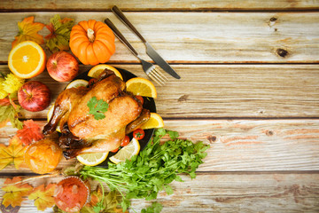 Thanksgiving table Celebration Traditional Setting Food or Christmas table decorated many different kinds of food Thanksgiving dinner with turkey vegetable fruit served on holiday