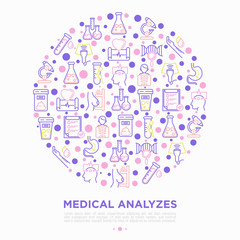 Medical analyzes concept in circle with thin line icons: blood test, urine test, stool, ECG, mammography, sperm, DNA, ultrasound, EEG, X-ray, gastroscopy. Vector illustration for laboratory web page.