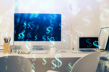 Stock market graph and table with computer background. Double exposure. Concept of financial analysis.