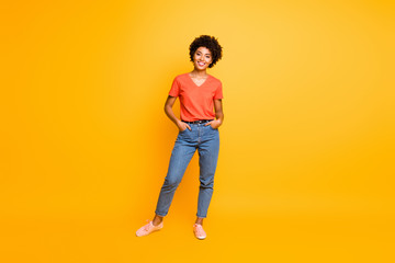 Full length body size photo of cool swag good black millennial girl posing in front of camera...