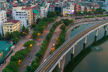 Hanoi cityscape during sunset period. Skyline view of Hanoi at Hoang Cau street