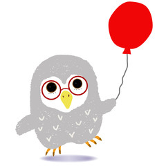 an owl with a red balloon フクロウと赤い風船