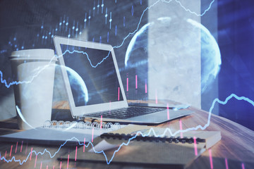 Forex Chart hologram on table with computer background. Double exposure. Concept of financial markets.