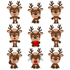 Set of funny deer in cartoon style in different poses and emotions isolated on white background