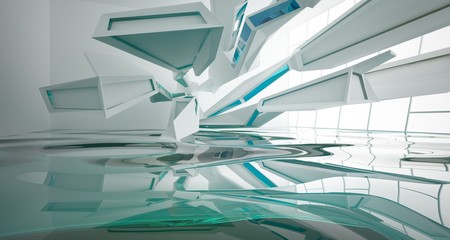 Abstract white interior with water and window. 3D illustration and rendering.