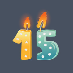 Cartoon vector illustration of 15 years birthday card. Candles on dark background.