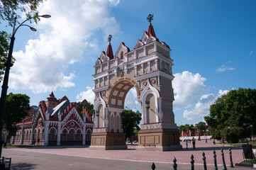 Russia, Blagoveshchensk, July 2019: triumphal arch in honor of Tsarevich Romanov on the embankment of the city of Blagoveshchensk