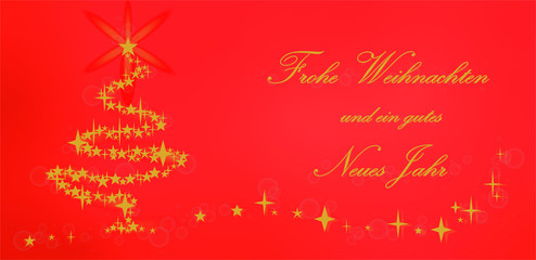 Fototapeta na wymiar Weihnachtskarte Frohe Weihnachten und ein gutes neues Jahr mit Tannenbaum, Sternen und Schneeflocken auf rotem Hintergrund