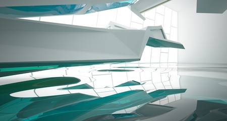 Abstract white interior with water and window. 3D illustration and rendering.