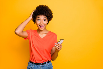 Photo of cheerful funny crazy charming pretty sweet student influencing people via social media...