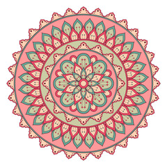 Decorative colorful ethnic mandala pattern. Design element for greeting card, banner or poster in oriental style. Hand drawn illustration