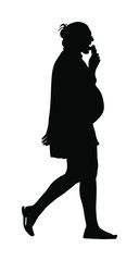 Pregnant woman vector silhouette isolated on white background. Pregnant girl walking and eat ice cream. Elegant pregnant lady active life. Health care activity. Happy mother waiting baby to be born.