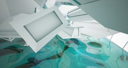Fototapeta na wymiar Abstract white interior with water and window. 3D illustration and rendering.