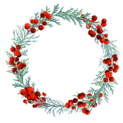 Tender floral wreath with red berries and blue thuja branches hand drawn in watercolor isolated on a white background. Ideal for invitations, frames, post cards and greeting cards.