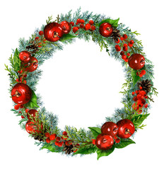Christmas wreath with holly, red berries, red apples, cones, thuja and spruce branches hand drawn in watercolor isolated on a white background. Ideal for invitations, frames, post and greeting cards.