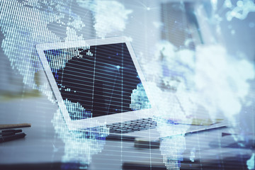 Multi exposure of business theme icons and table with computer background. Concept of success.