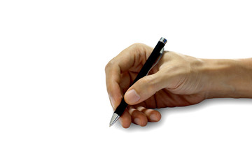 The hand is writing with a pen on a white background