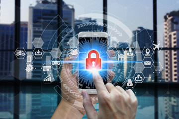 Businessman touch smart phone network using padlock icon technology with virtual screen icons, Business Technology Privacy concept, Internet Concept of global business