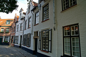 Fototapeta na wymiar Traditional Brugge houses views. architecture of Bruges city, traditional narrow streets, Belgium