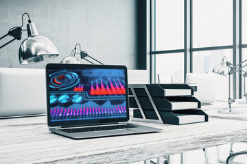 Desktop interior with computer, table and chair. Business drawing on screen. 3d rendering.