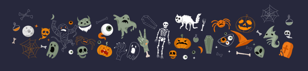 Vector icon and element collection for Helloween greeting card and poster, party sign. Concept illustration with Sign and symbol. Flat design cartoon element. © merfin