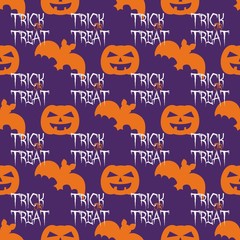 Naklejka premium Halloween tile vector pattern with trick or treat text and bat and pumpkins on violet background