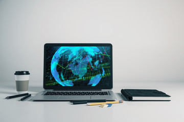 Laptop closeup with forex graph and world map on computer screen. Financial trading and education concept. 3d rendering.