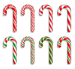 Set of traditional christmas candy canes on a white background.  3D vector. High detailed realistic illustration