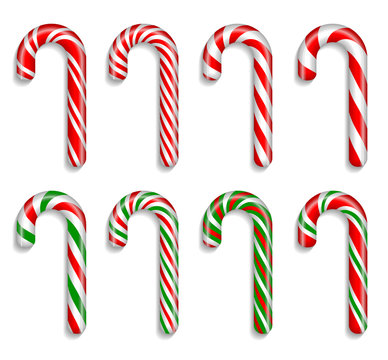 Set of traditional christmas candy canes on a white background.  3D vector. High detailed realistic illustration