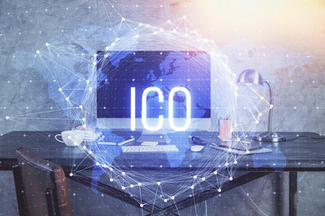 Double exposure of blockchain and crypto economy theme hologram and table with computer background....