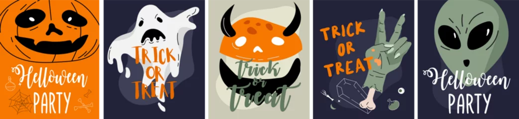 Tuinposter Halloween backgrounds collection. Helloween greeting card and poster, party sign. Concept illustration with Sign and symbol. Flat design cartoon. Traditional design © merfin