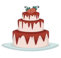 Three tier strawberry cake with pink frosting and jam