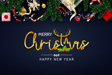 Fototapeta na wymiar Merry Christmas and happy new year with Creative Christmas tree, fir branches, pine cones, gift boxes, holly, and string lights. Christmas greeting card vector design.