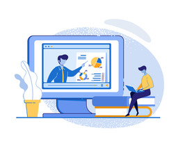 Man Watch Online Course on Laptop. Video Tutorial.