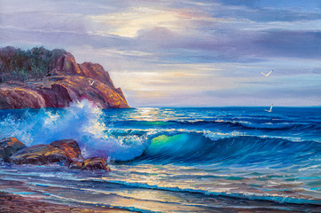 Obraz na płótnie Canvas Sunset on the seashore, beautiful sea wave. painting by oil on canvas.