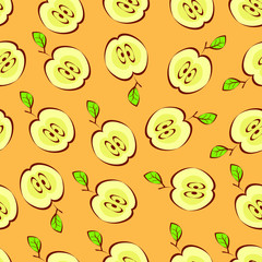 Vector seamless pattern with apples on orange background. Fruit background for package, tablecloth, fabric, wallpaper, textile, web design.
