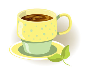 Yellow and green cup of hot beverage with saucer close up