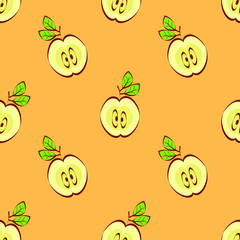 Vector seamless pattern with apples on orange background. Fruit background for package, tablecloth, fabric, wallpaper, textile, web design.