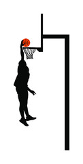 Basketball player stunt jumping and dunking silhouette isolated on white background. Basketball player making slam dunk vector illustration. Hoop and board vector silhouette illustration.