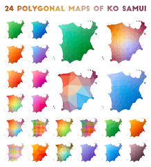 Set of vector polygonal maps of Ko Samui. Bright gradient map of island in low poly style. Multicolored Ko Samui map in geometric style for your infographics.