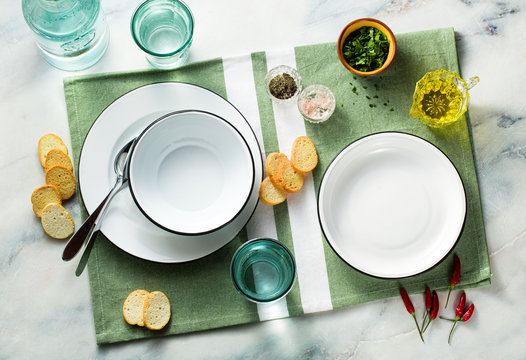 Set Of Empty Plates On A Table. Empty Serving Design Form